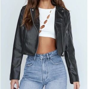 NWT Princess Polly Siana Cropped Black Faux Leather Jacket - Size L/XL